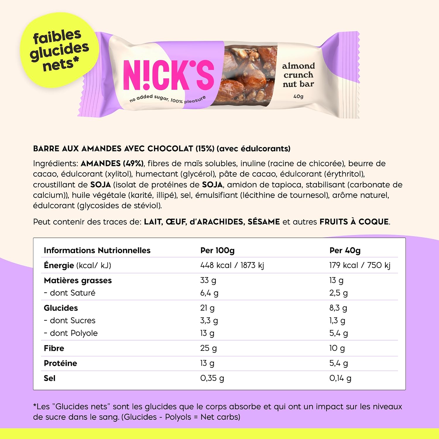 Detalle 2 de NICKS amandel-chocoladerepen, 12 x 40 g, knapperig en zonder toegevoegde suiker