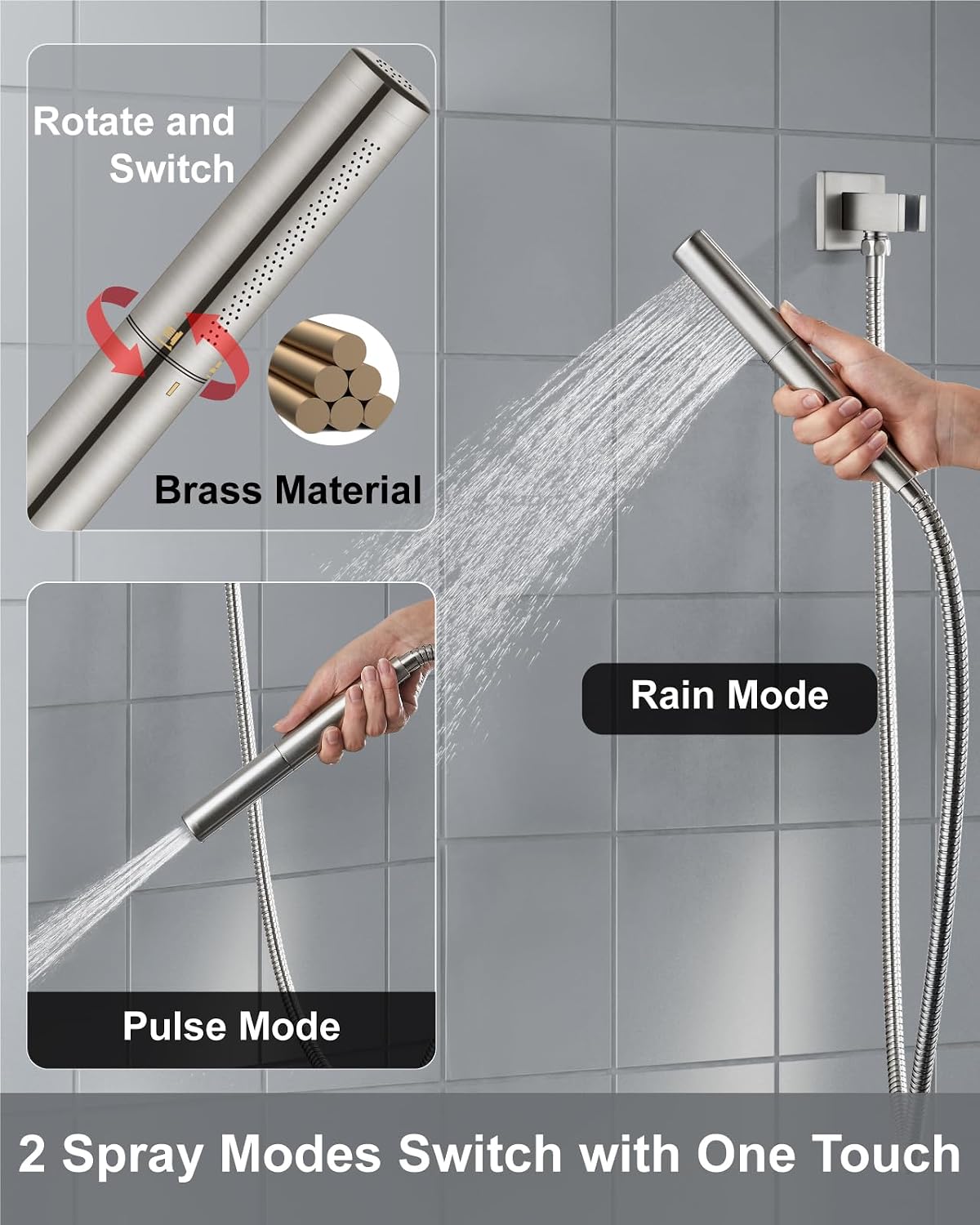 Detalle 1 de Aolemi 12-Inch Shower System with Rain Head, Dual-Function Handheld, Brushed Nickel
