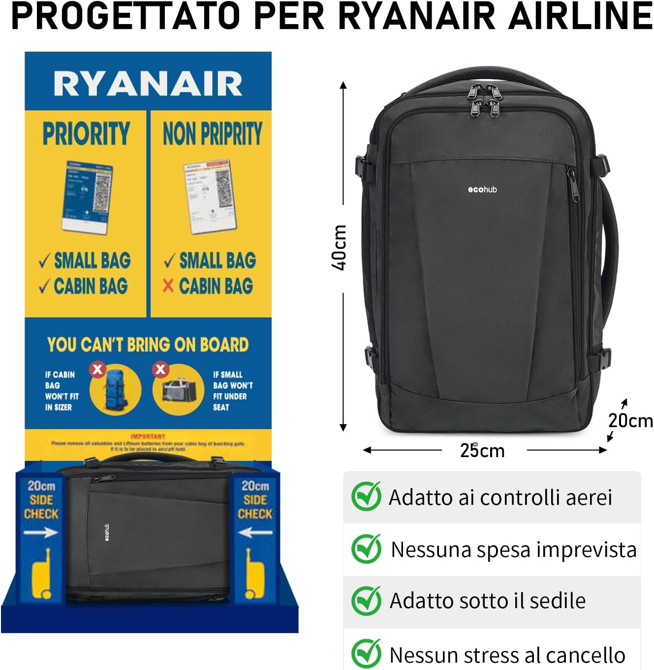 Detalle de ECOHUB Zaino Ryanair 40x20x25 — Zaino da viaggio eco-friendly da 20 L in PET riciclato (Grigio)