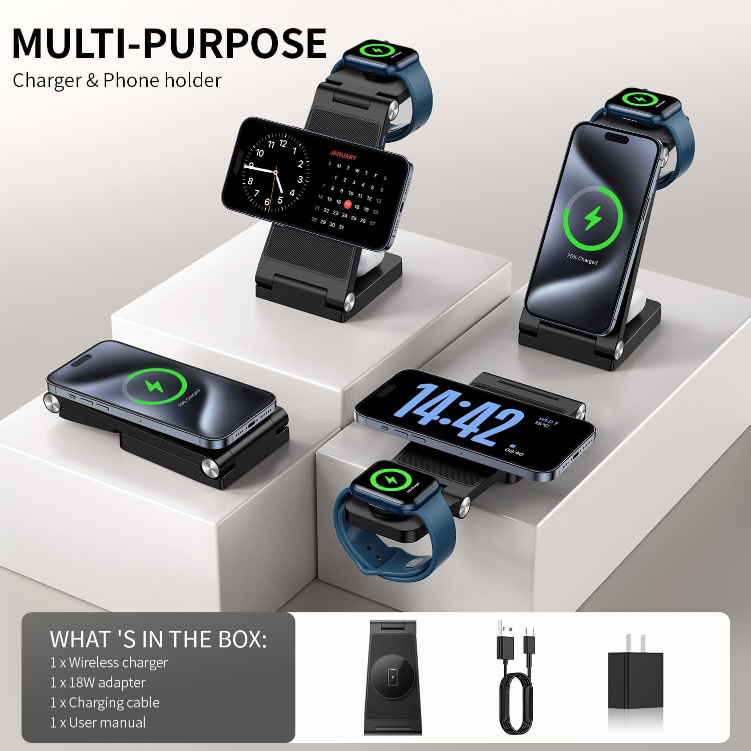 Detalle 2 de 2026 Traveling Wireless Mag-Safe Fast Charging Station (3-in-1 Foldable) for iPhone, Apple Watch & AirPods