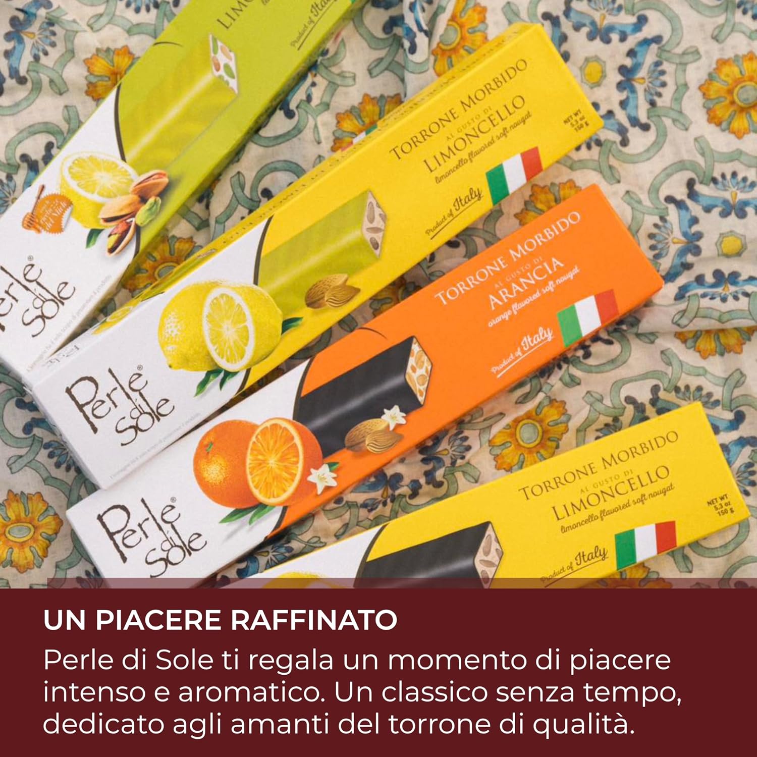 Detalle de Perle di Sole – Torrone Morbido Fondente al Limoncello, 150 g: artigianale italiano con mandorle e rivestimento di cioccolato fondente