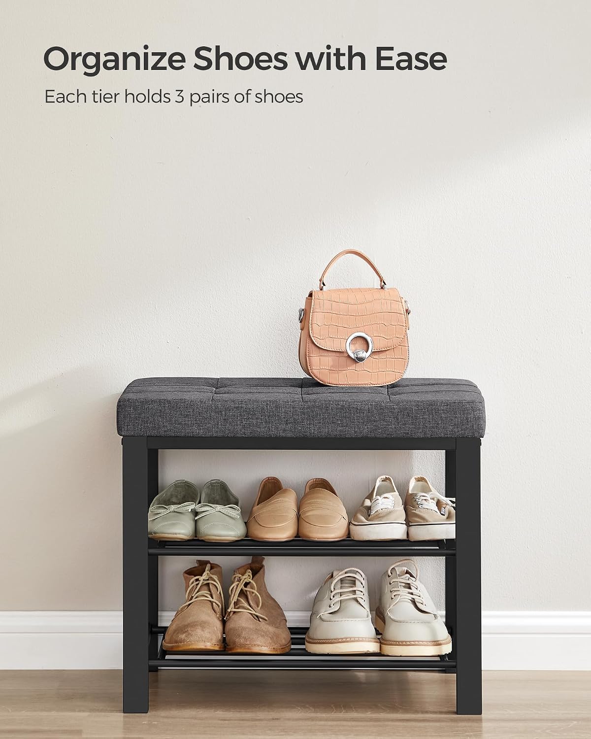 Detalle de SONGMICS ULBS576B33 Shoe Storage Bench, Padded Seat, 2-Tier Metal Rack