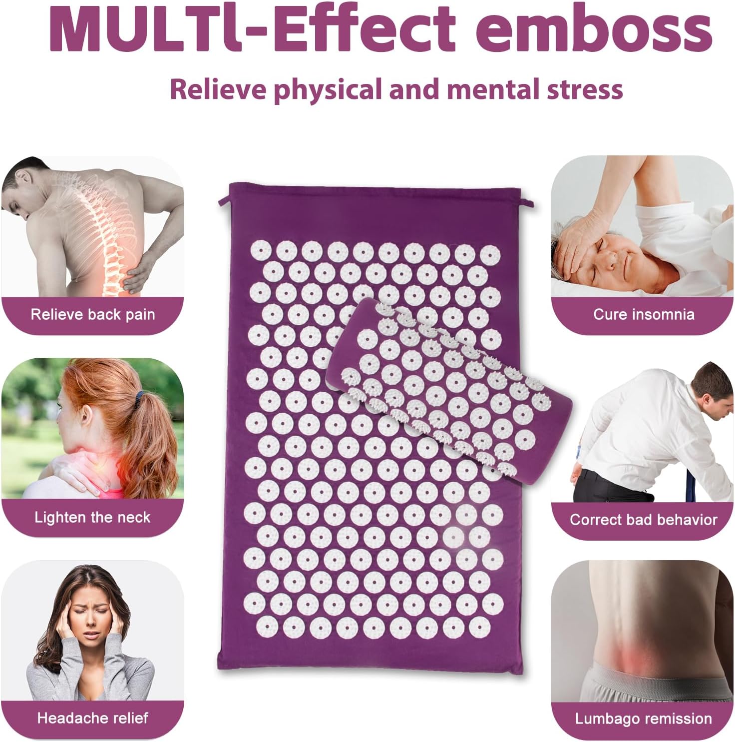 Detalle 2 de CWRFZ Acupressure Mat, Acupuncture Mat & Massage Pillow Set (Purple) with 2 Massage Balls