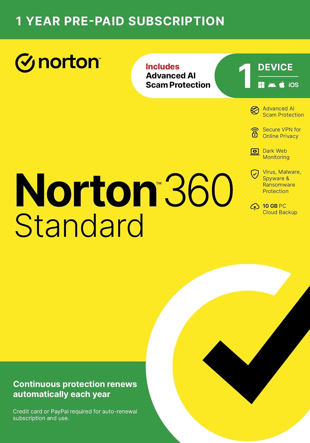 Detalle 2 de Norton 360 Standard: Antivirus for 1 Device with AI Scam Protection, VPN, Dark Web Monitoring & 10 GB Cloud Backup