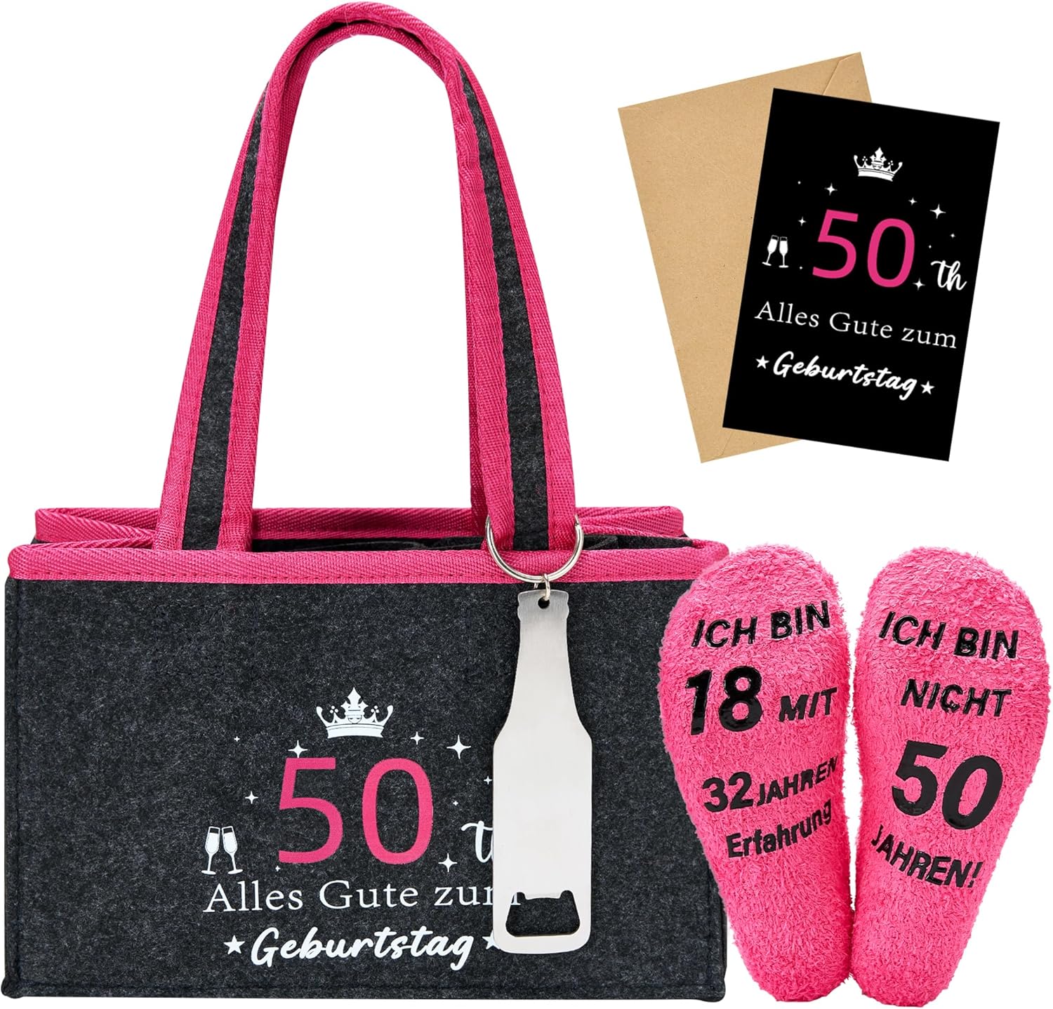 Detalle de Rilcn 50 Geburtstag Geschenkset für Frauen – Lustige Socken & Wiederverwendbare Filztasche