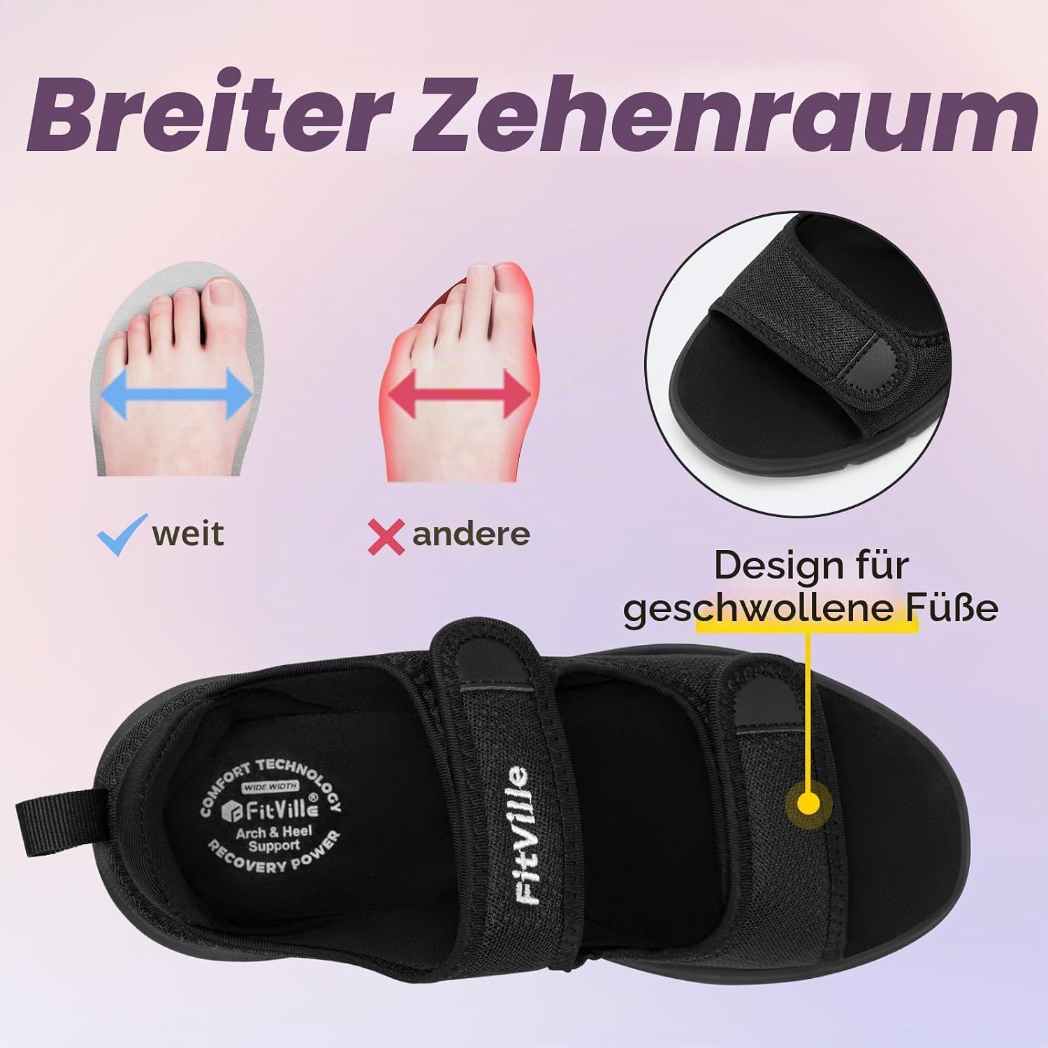 Detalle de FitVille Weit Offene Diabetiker Sandalen Damen – Orthopädische Sicherheit mit Klettverschluss