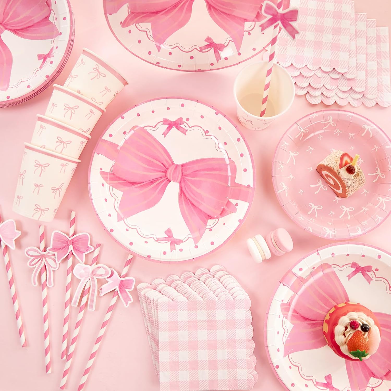Thumbnail 3 de SUNBEAUTY 80-Piece Pink Bow party tableware set (9 inch plates, cups, napkins) for 16 guests