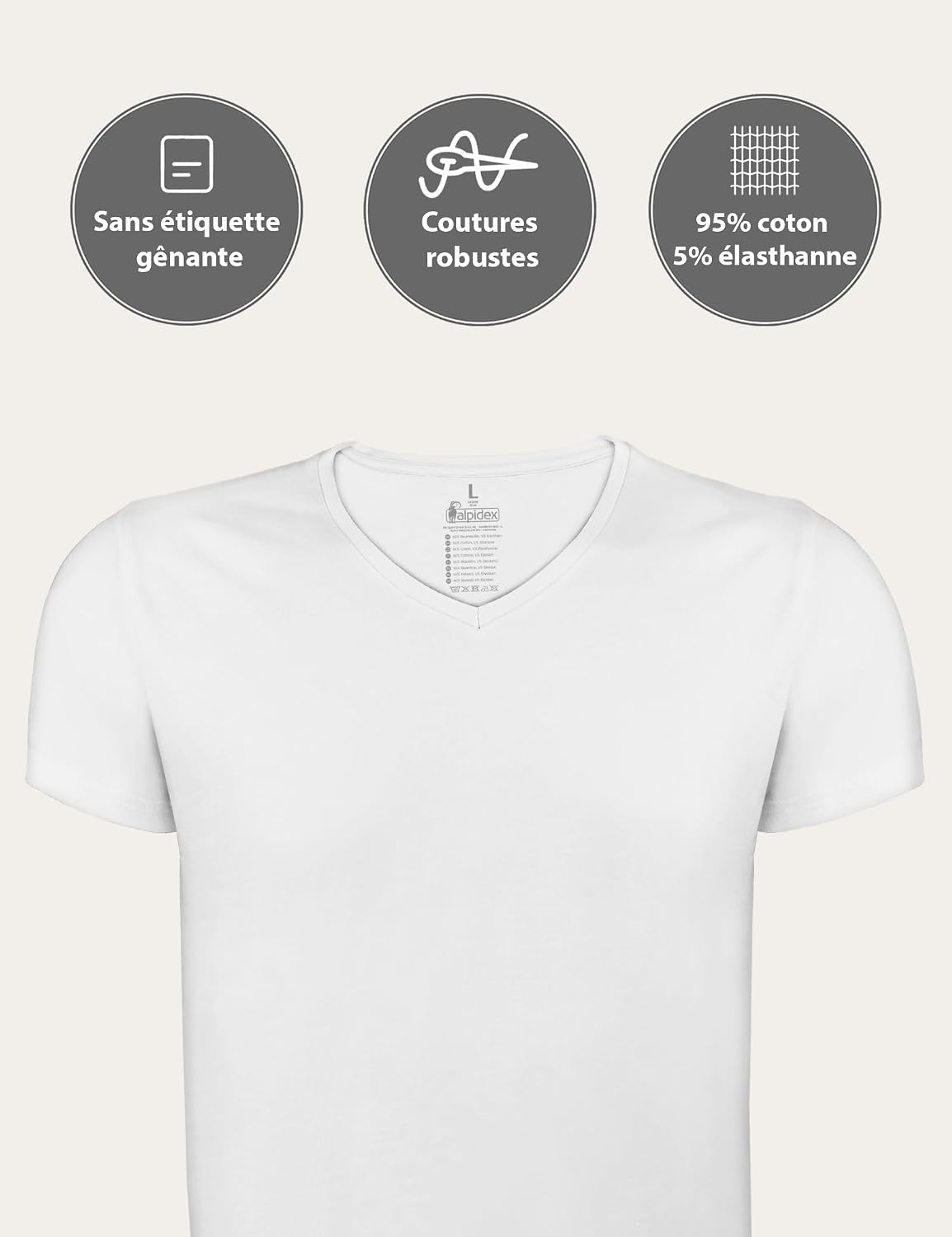 Detalle de Lot de 4 t-shirts ALPIDEX homme col en V (coton/élasthanne) à porter en sous-vêtement