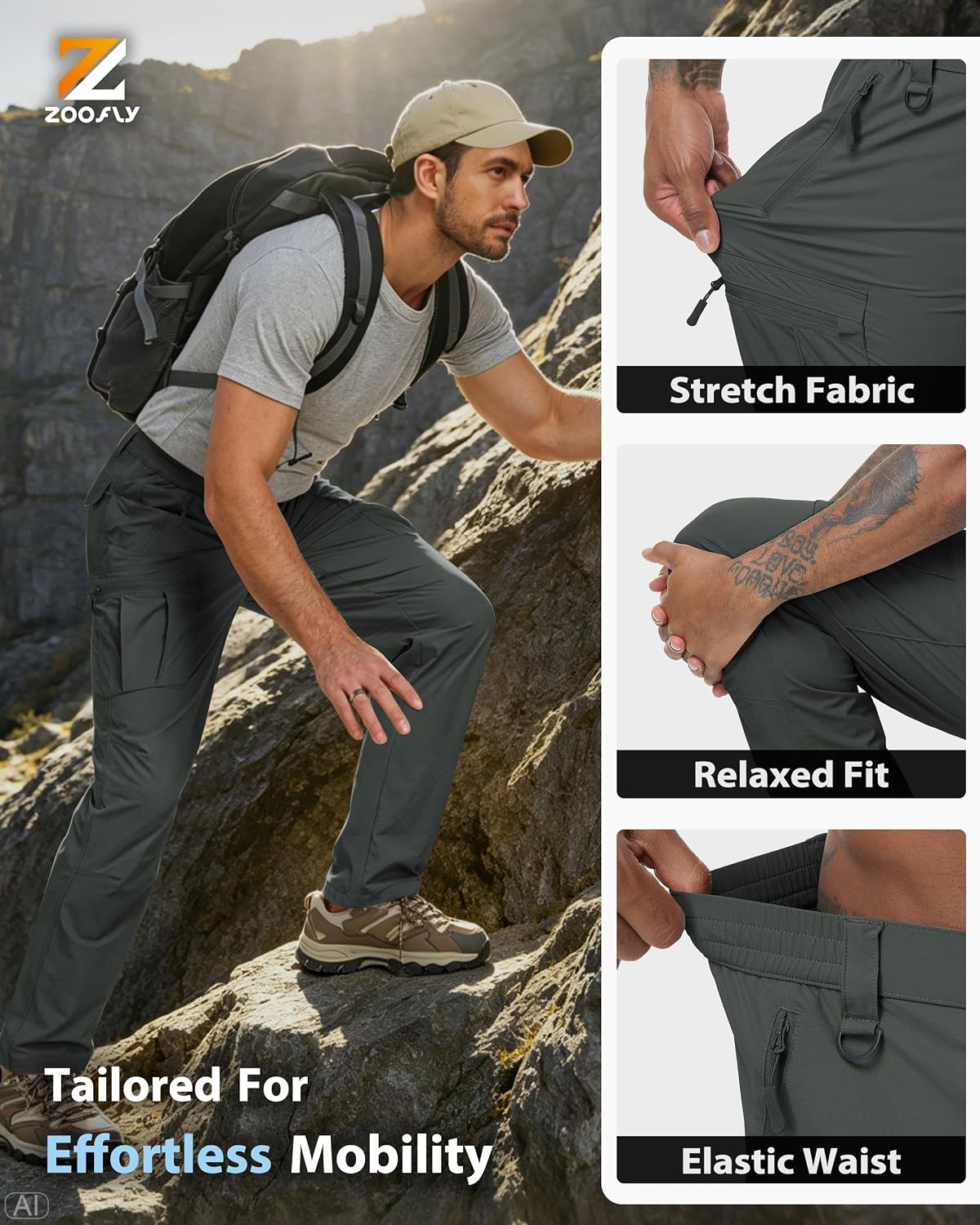 Detalle de Zoofly Men's Hiking Pants, Stretch Nylon Cargo Pants with 6 Pockets