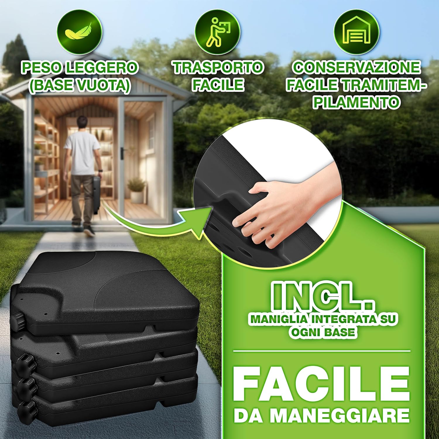 Thumbnail 1 de tillvex® Base per ombrellone 60 litri / 80 kg da 4 pezzi con connettore metallico (decetrata) per ombrellone decentrato
