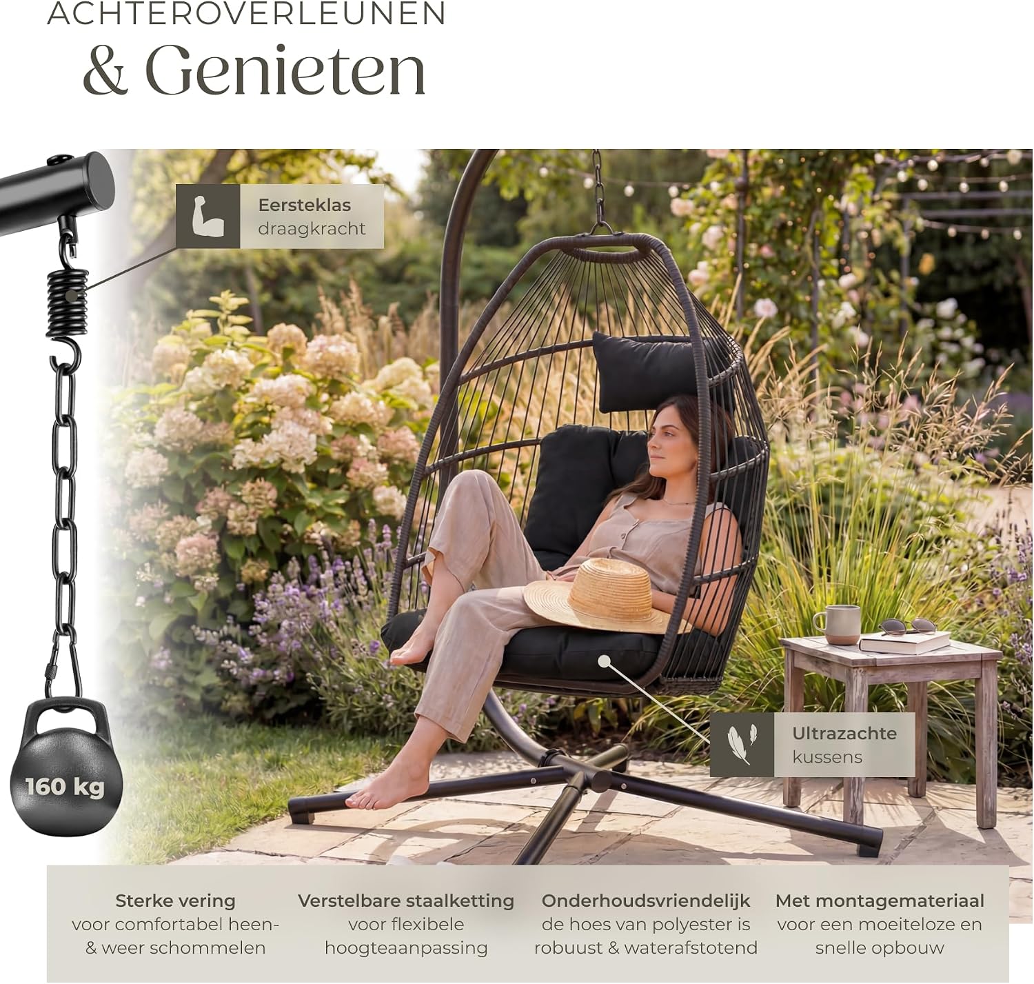 Detalle de tectake 404981-1 hangstoel met draaibare kuip, dikke kussens en beschermhoes