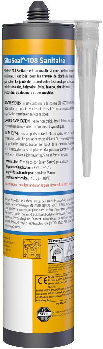 Detalle 2 de SikaSeal 108 Sanitaire Transparent – Mastic silicone sanitaire anti-moisissures, 300 ml