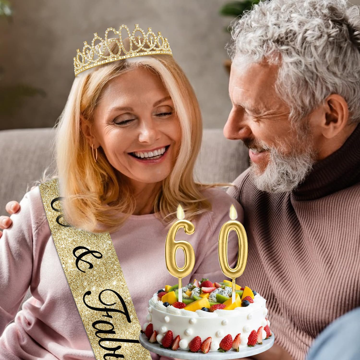 Thumbnail 6 de Amosking 60th Birthday Decorations Set: 60 sash, crown/tiara and gold number 60 candles