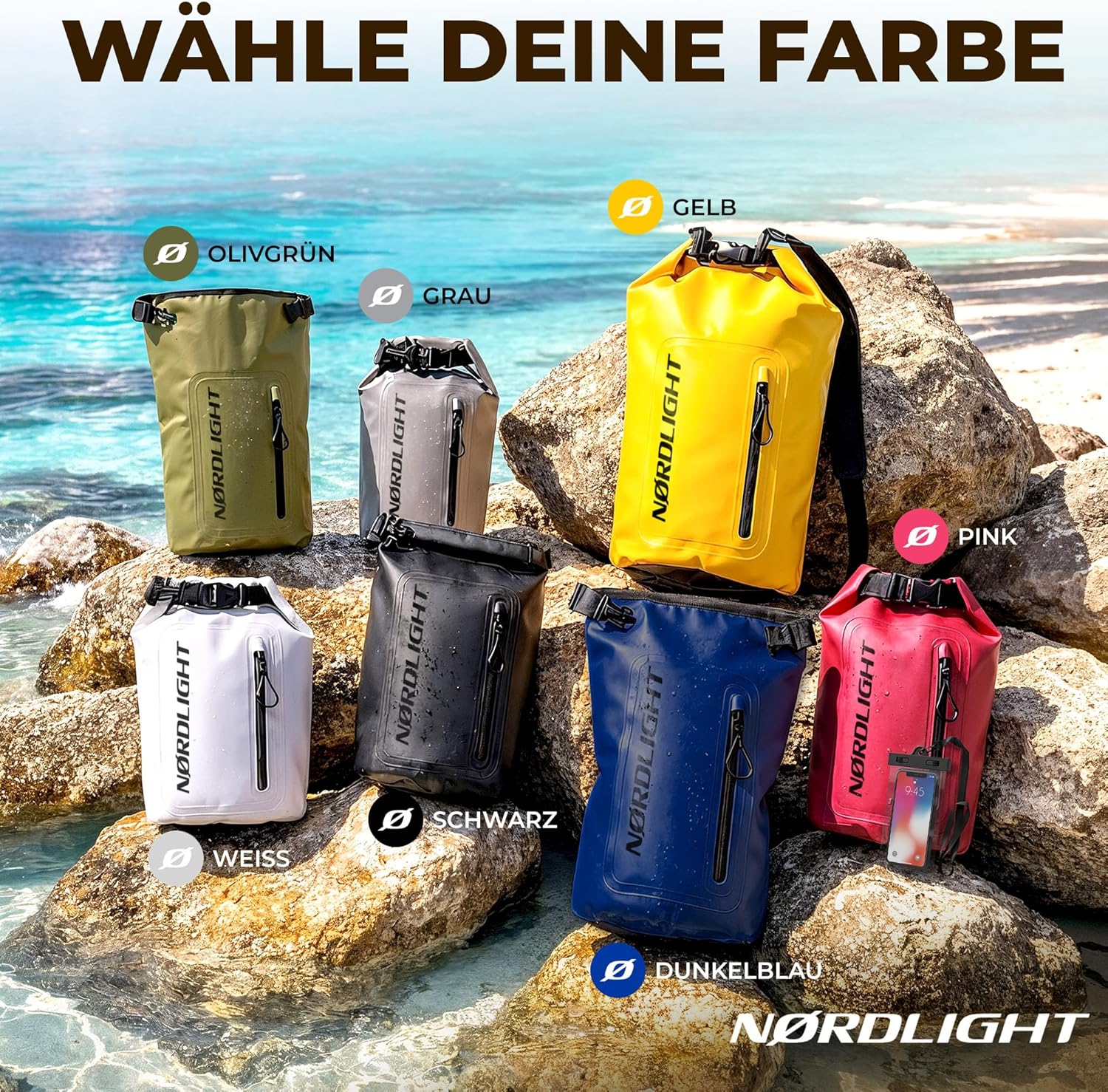 Thumbnail 1 de Nordlight Dry Bag 30 Liter wasserdichte Tasche mit Handyhülle (Roll-Top, Schultergurt) – Olivgrün