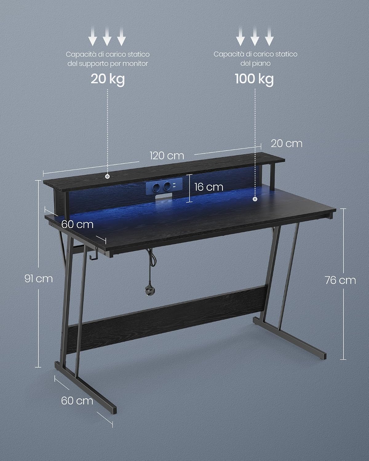 Detalle de VASAGLE Scrivania da gaming LWD192B56 con luci LED, supporto per 2 monitor e prese di corrente, 60 x 120 x 76 cm