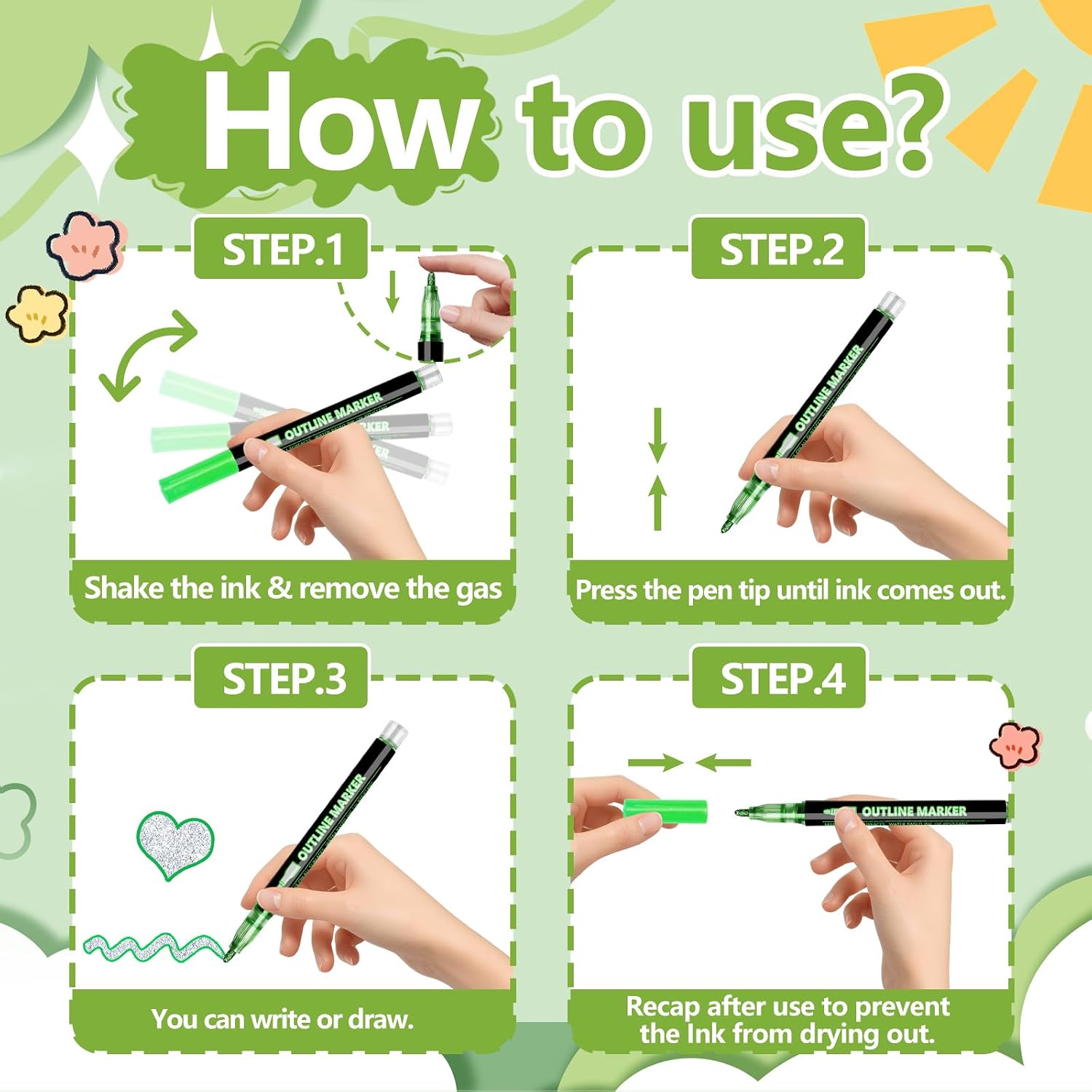 Detalle de PTAZSCTC Outline Shimmer Markers, 12-Color Glitter Pens with Chisel Tips