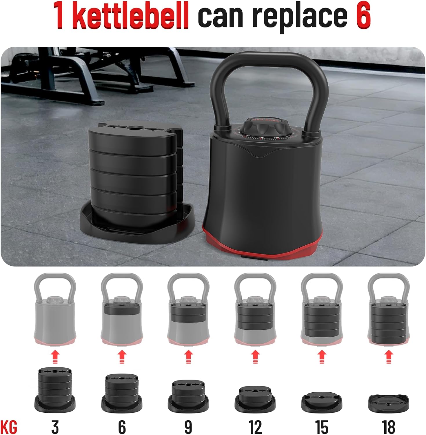 Detalle de HXD-ERGO Adjustable Kettlebell Set 6-in-1 (3–18kg) with handle and space-saving safety lock system