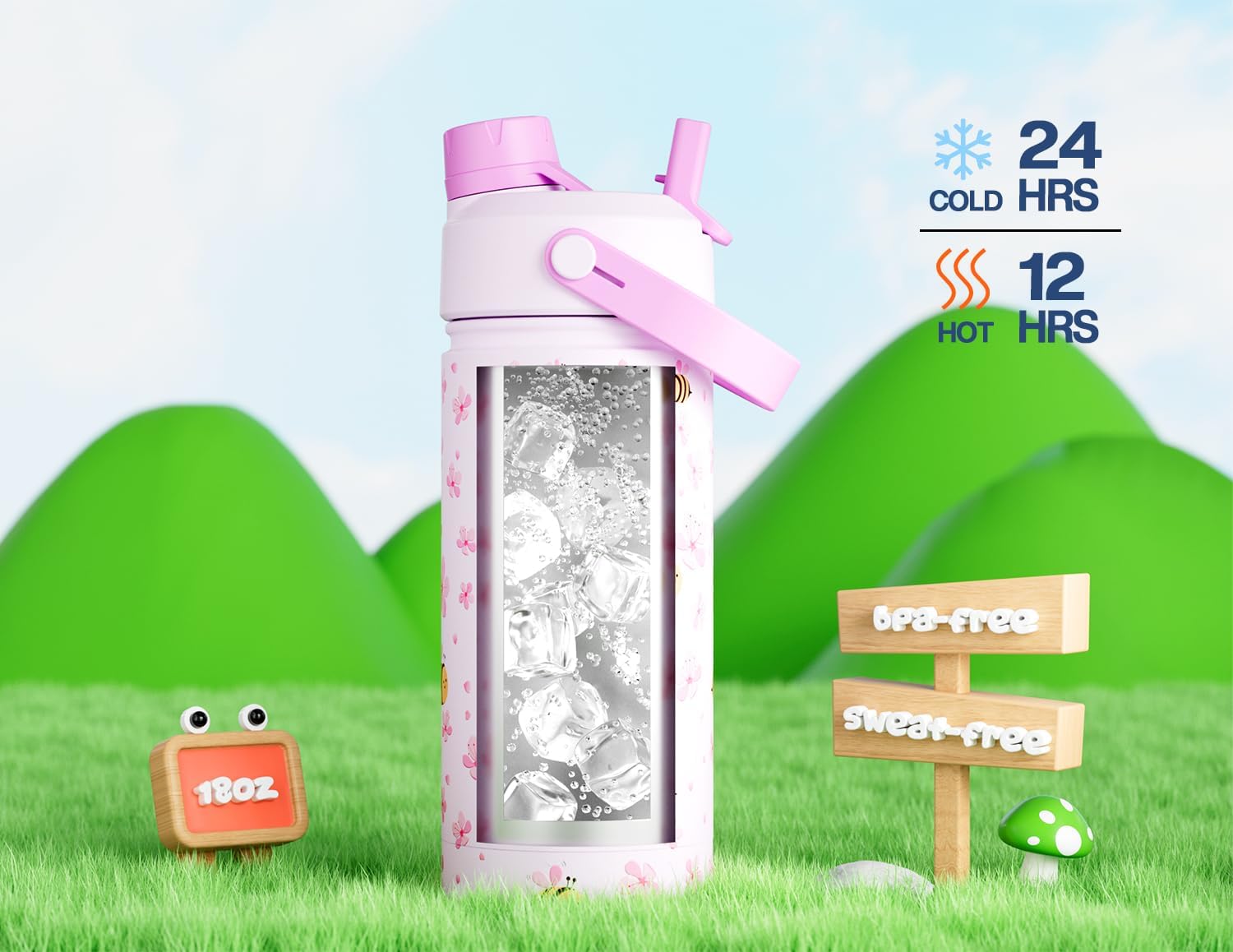 Detalle de POWCAN 18 oz Insulated Water Bottle for Kids, Bee in Bloom, 2-in-1 Lid