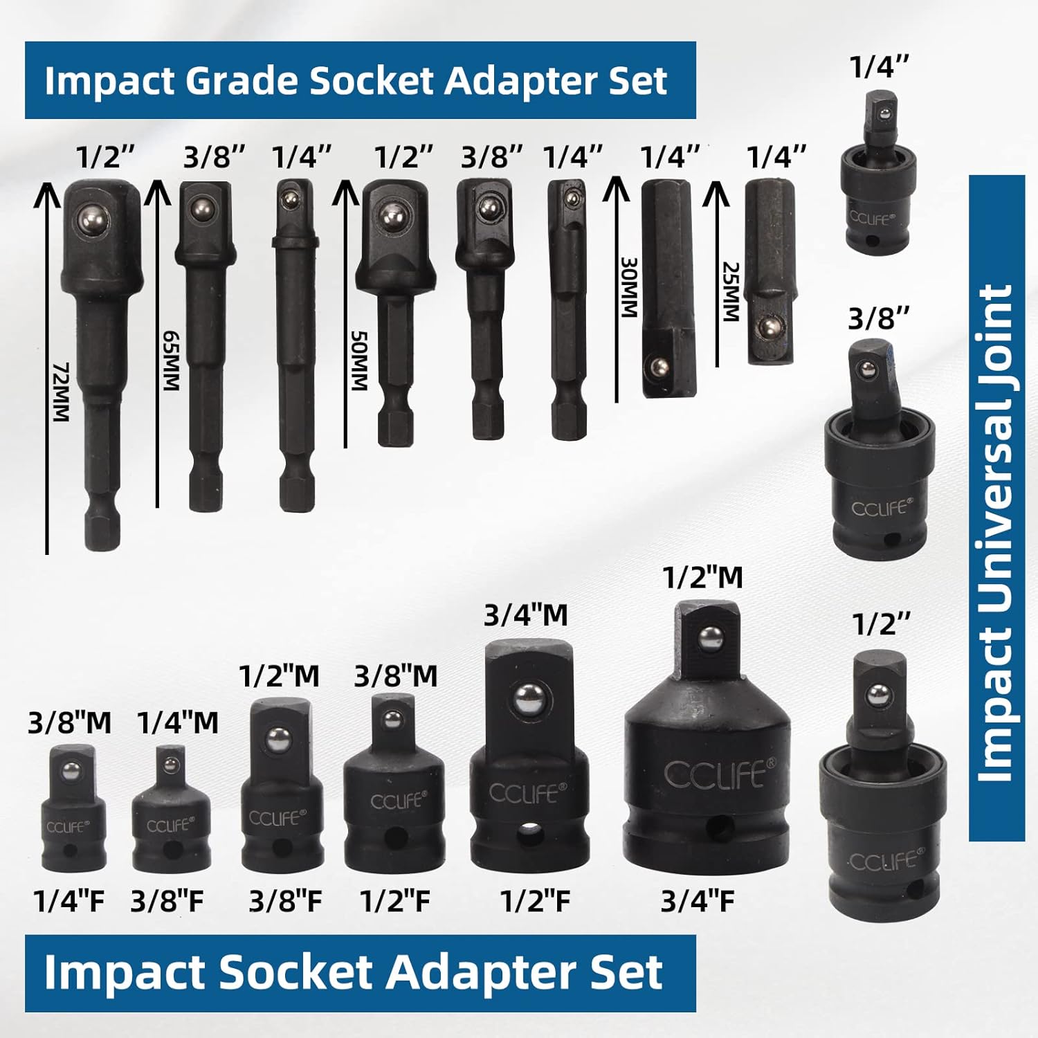 Detalle de CCLIFE lot de 17 douilles et adaptateurs pour visseuse à percussion (Cr-Mo) 1/4”, 3/8”, 1/2”, 3/4” + joint de cardan