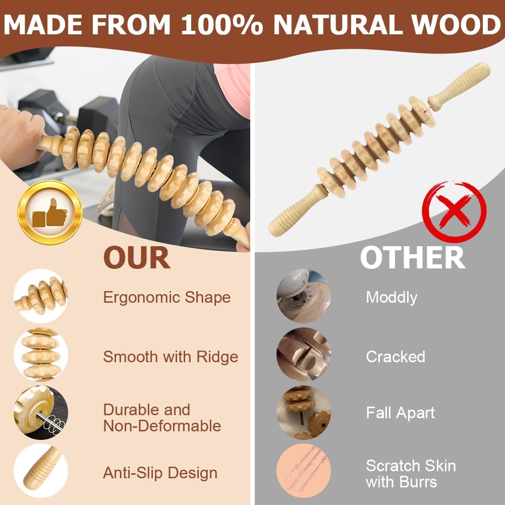 Thumbnail 5 de ACWOO 3 pezzi: Rullo Massaggio Cellulite di Legno, Guasha e Bastone per Drenaggio Linfatico