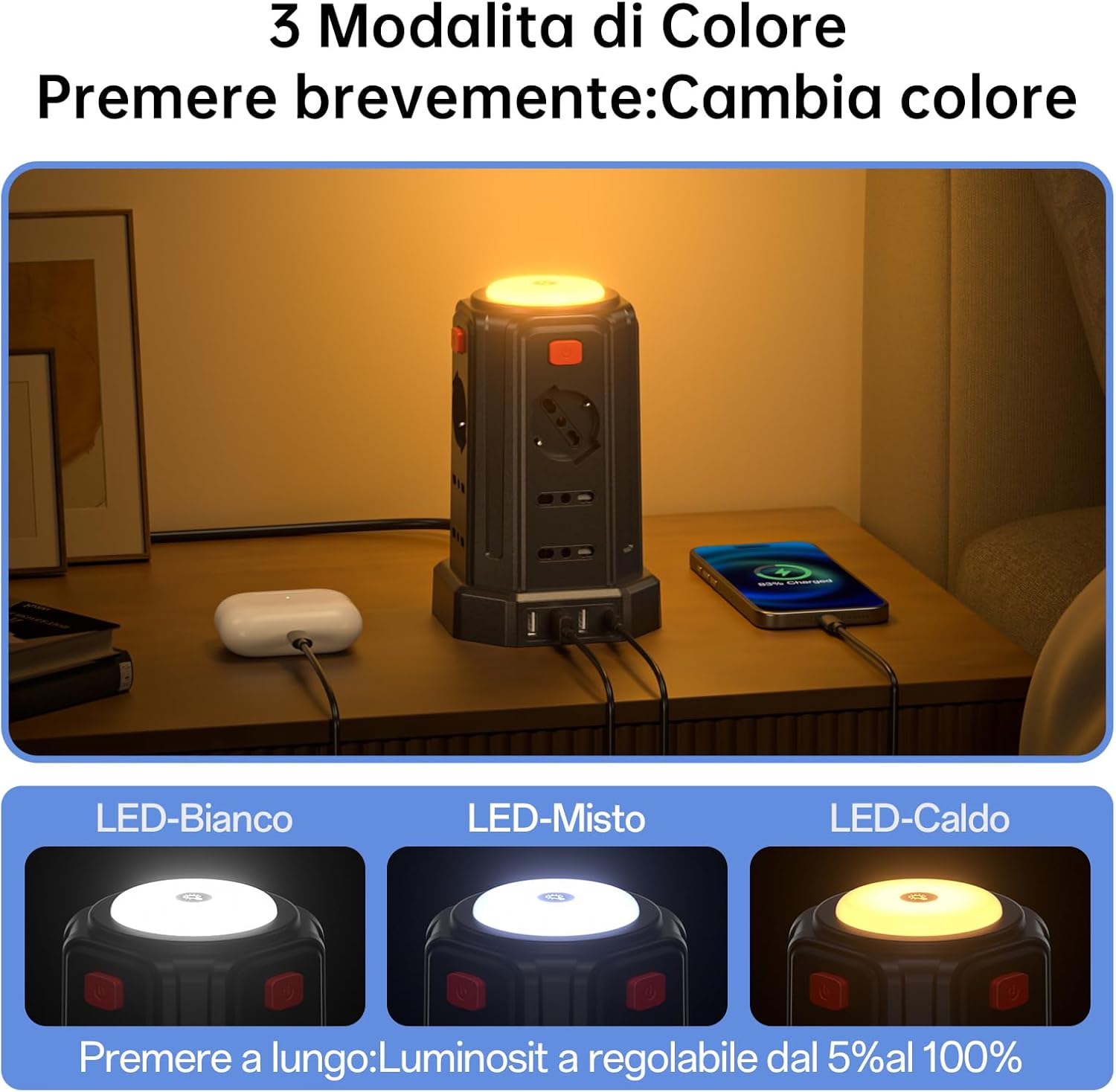 Thumbnail 2 de 3M Ciabatta elettrica multipresa verticale con luce notturna e 12 prese universali (IT/Schuko) + 4 USB