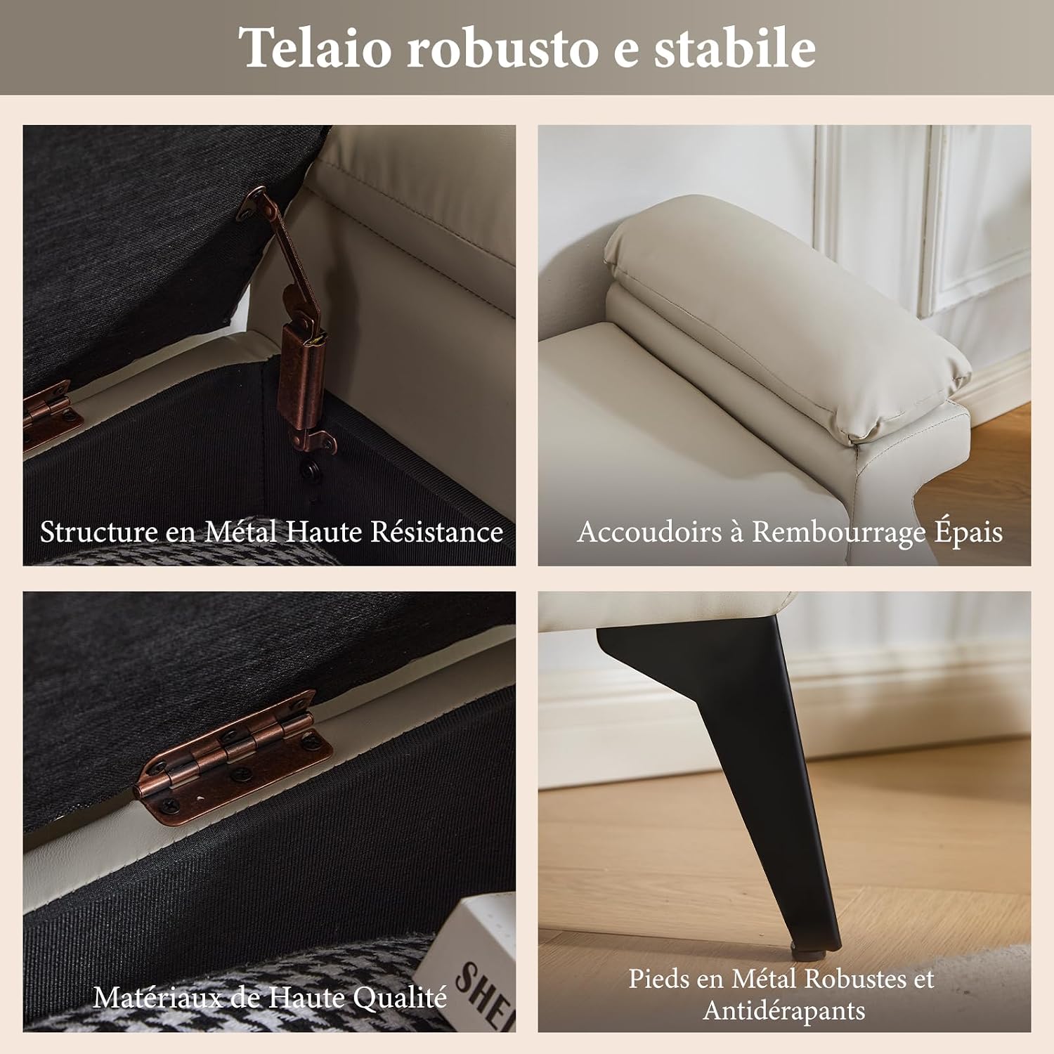 Detalle 2 de Ckaff Panca Contenitore per Camera da Letto 128x44x53 cm – Panca fondo letto in pelle PU, grigio chiaro