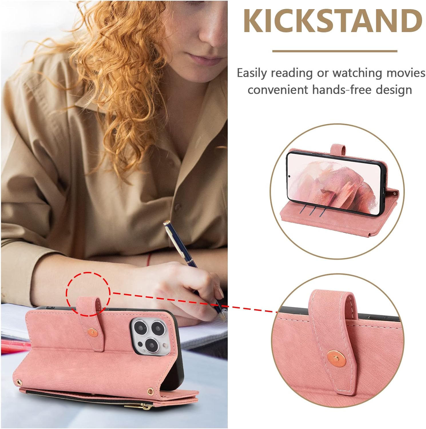 Detalle de UEEBAI Hülle für iPhone 15 Pro 6,1 Zoll – Retro Leder Wallet Case mit 9 Kartenfächern, Umhängegurt, Handschlaufe, Standfunktion und Reißverschluss, Magnetverschluss, Rosa