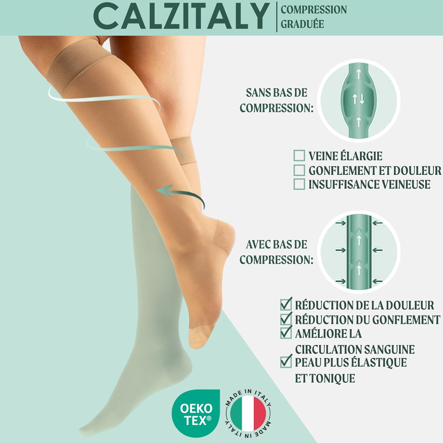 Detalle 2 de CALZITALY Pack 1/2 Mi-bas de contention à compression graduée forte 18-22 mmHg – Noir / Beige, 140 DEN, Made in Italy