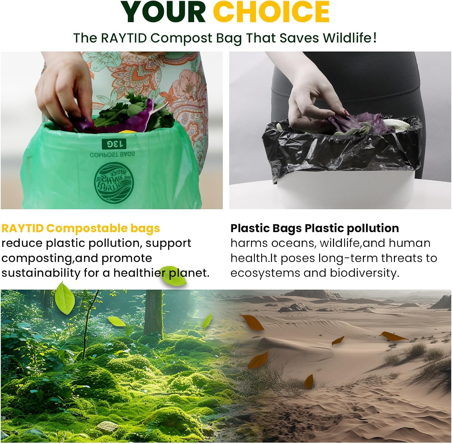 Detalle 1 de RAYTID 13 Gallon Tall Kitchen Compostable Trash Bags (50 Count) – Extra Thick 1.1 Mil, BPI & OK Compost Home Certified