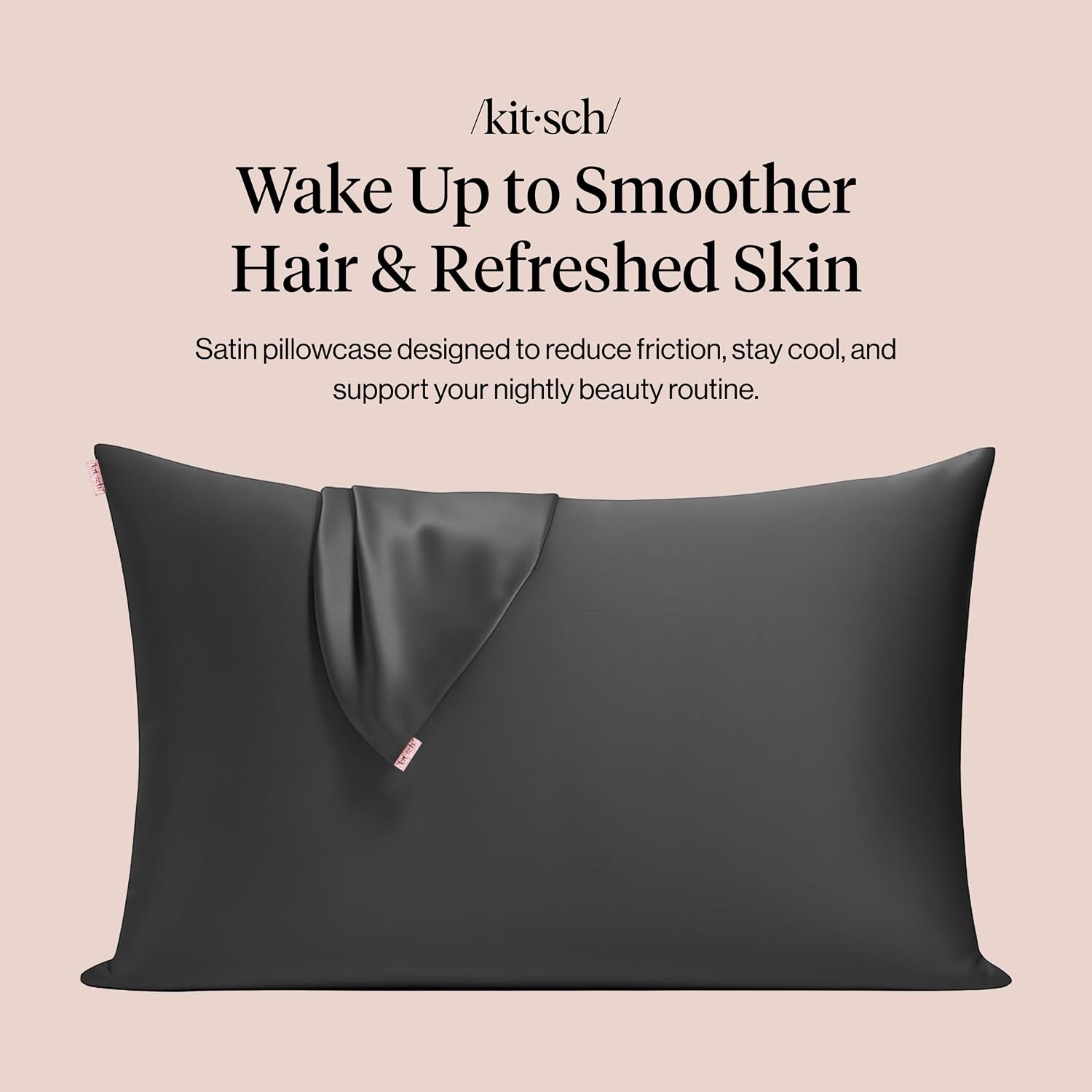 Detalle 2 de Kitsch Satin Pillowcase with Zipper for Hair & Skin (Charcoal) – 48x66 cm