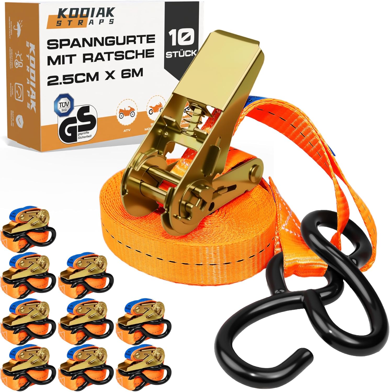 Thumbnail 6 de KODIAK STRAPS 10x Spanngurte 4 m x 800 kg mit Ratsche und S-Haken (25 mm) – TÜV/GS nach DIN EN 12195-2