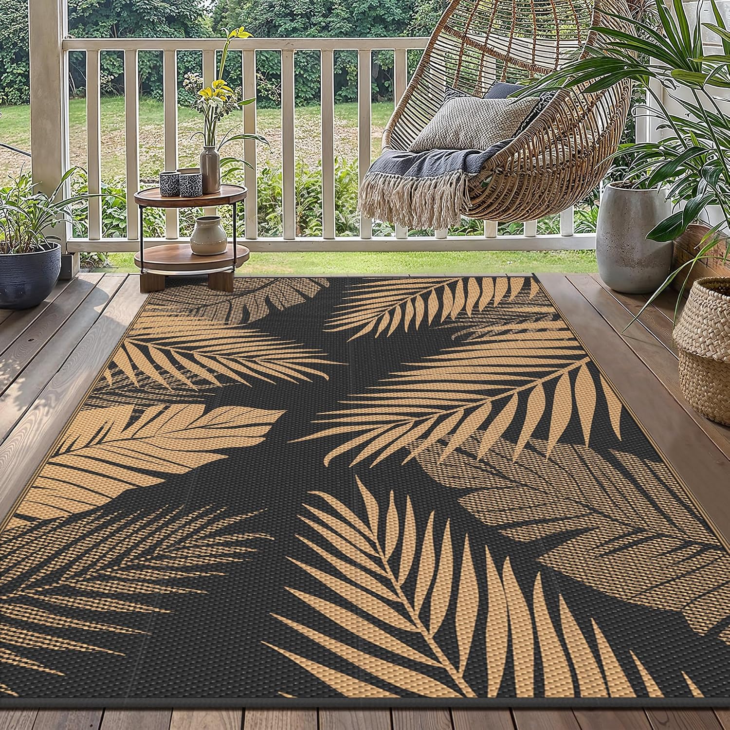 Detalle 2 de GENIMO Outdoor-Teppich Wetterfest 150x240 cm – Balkon-Teppich mit botanischem Blattmuster, waschbar (Schwarz/Braun)
