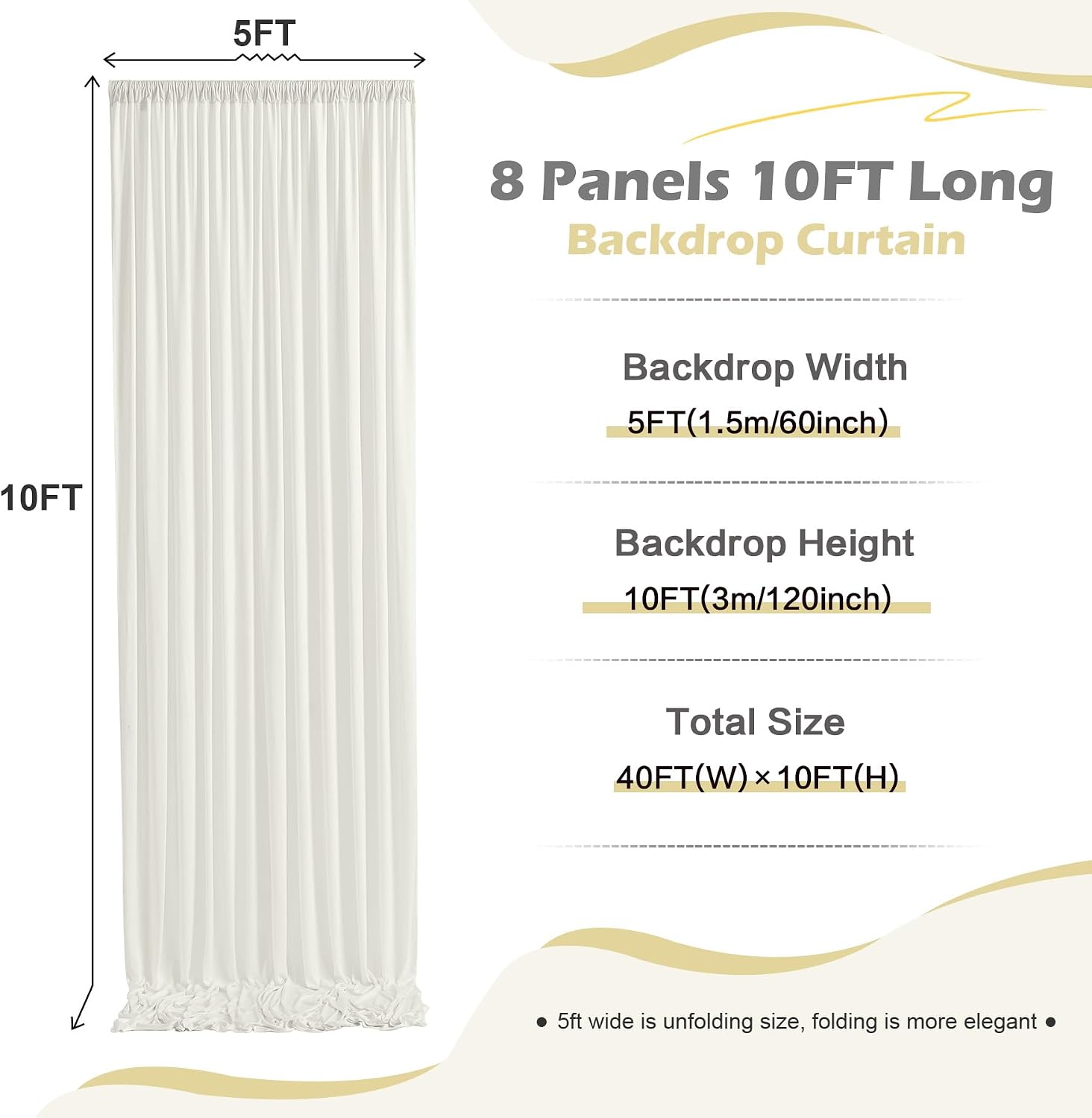 Thumbnail 4 de NSSONBEN 40ft x 10ft Ivory Backdrop Curtain (8 Panels) – Wrinkle Free, Silky Polyester Wedding & Party Backdrops