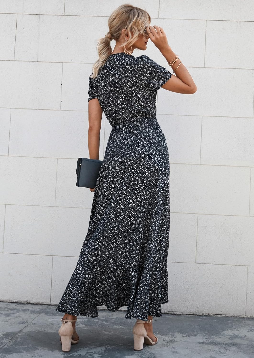 Detalle de PrettyGarden Women's Boho Floral Maxi Dress: Wrap V-Neck, Short Sleeve, Flowing Boho Beach Maxi