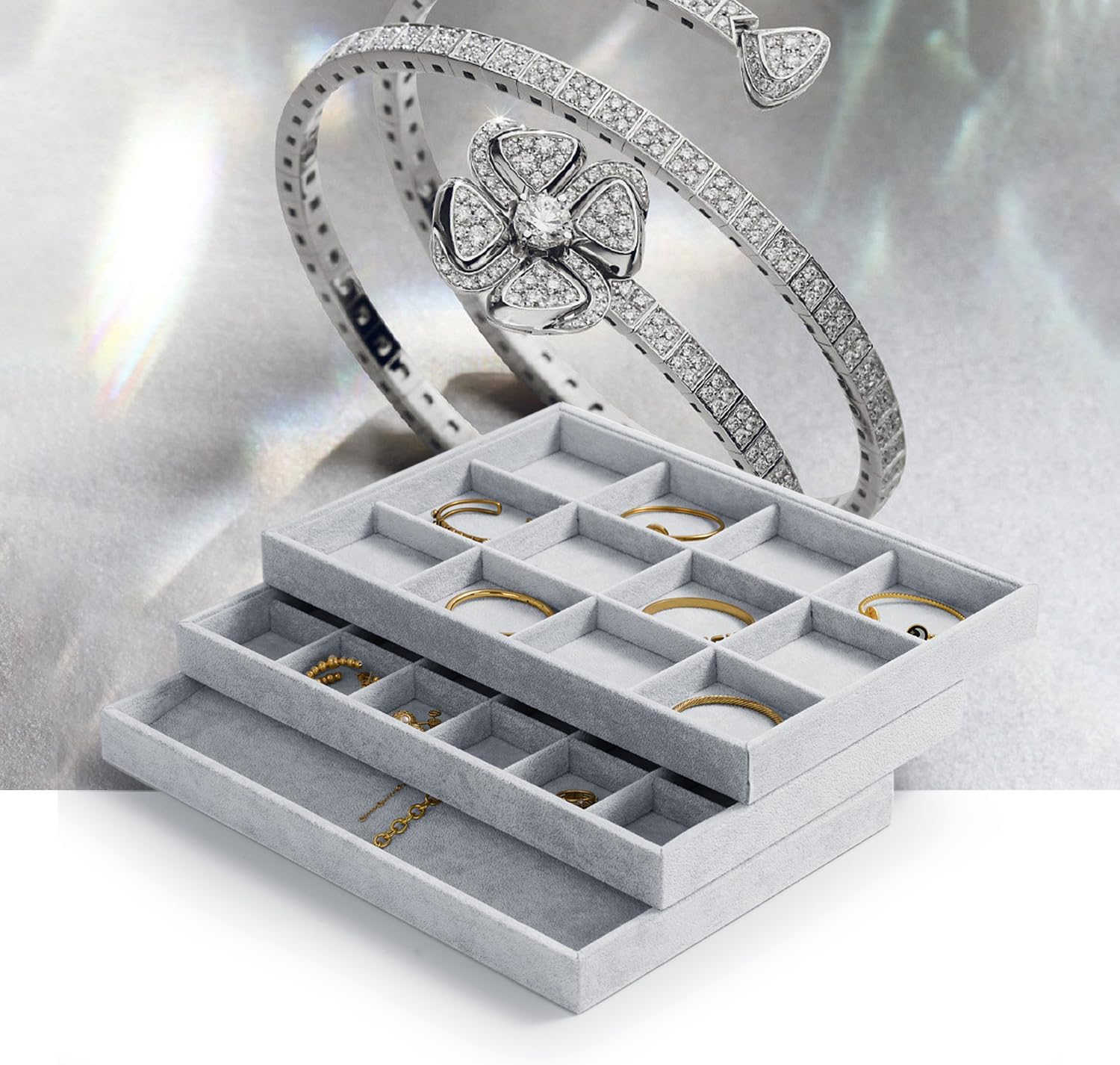 Thumbnail 5 de Papten Bandeja Apilable de Terciopelo para Joyas 💍 (Gris)