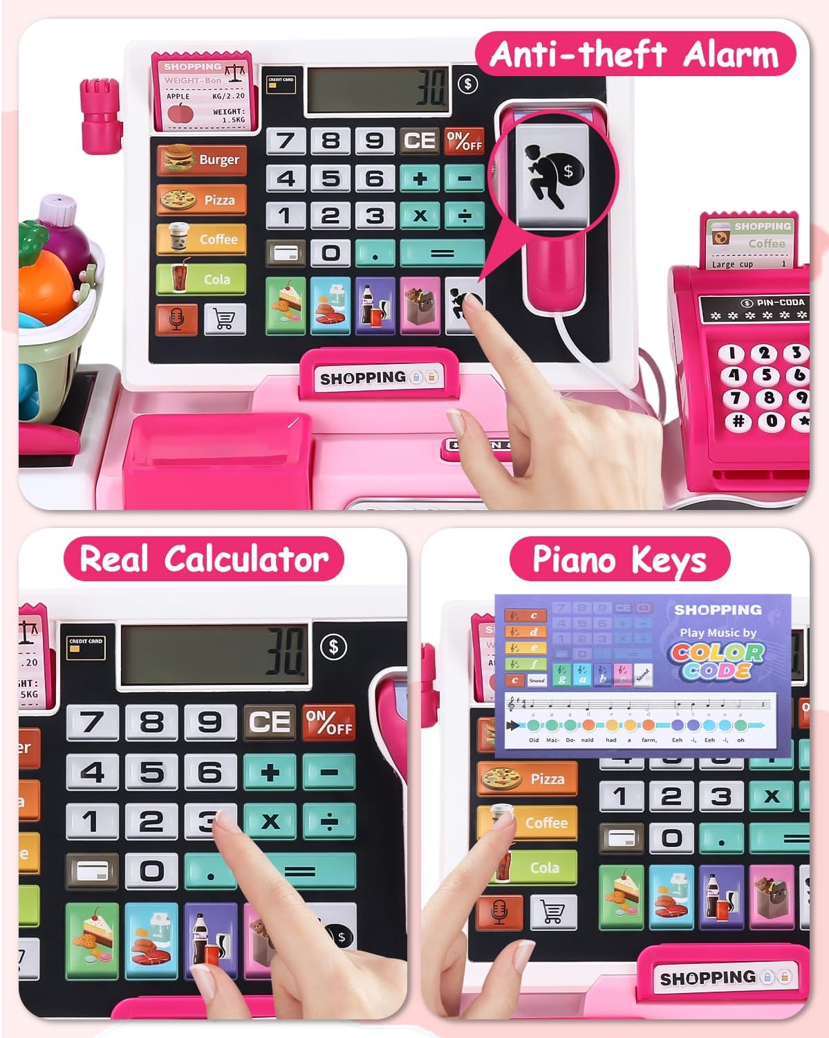 Detalle de heuchaey 818-398M speelgoedkassa, roze met rekenmachine en scanner