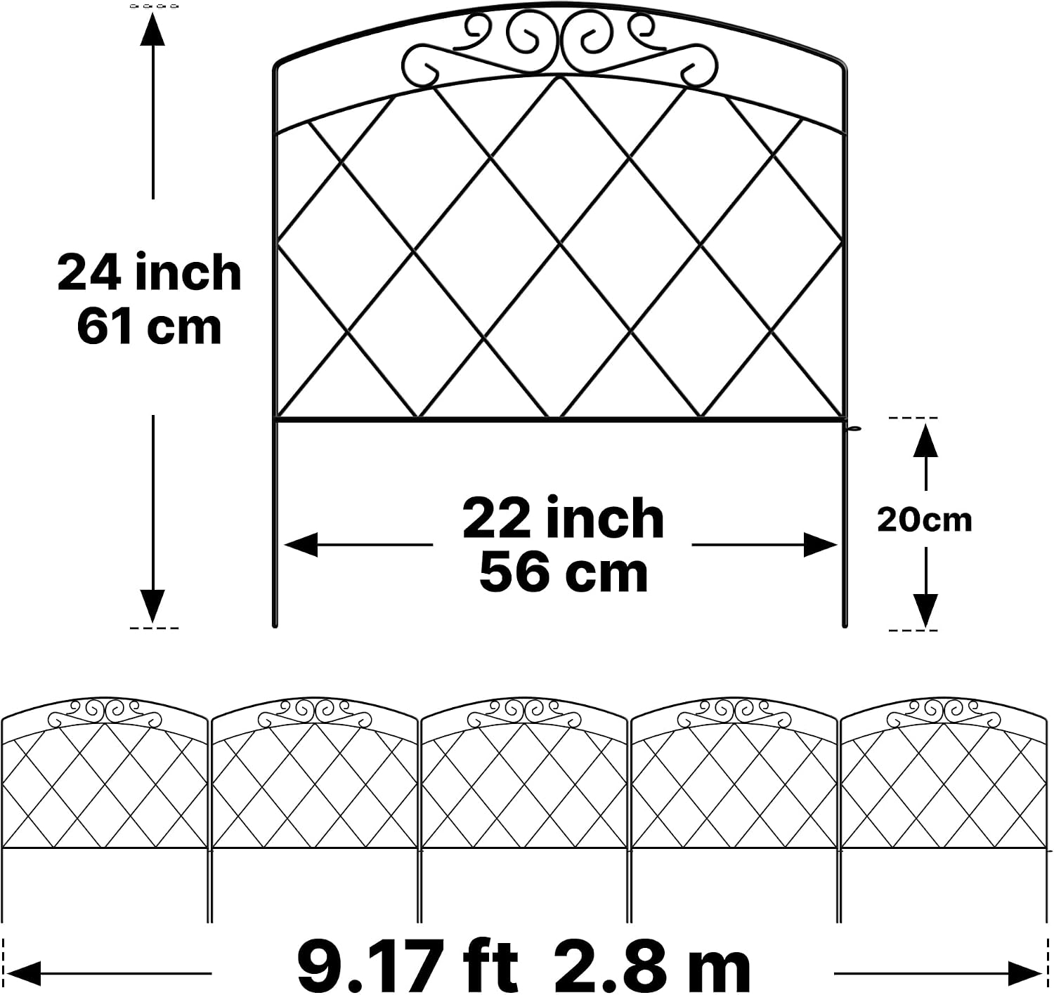 Thumbnail 6 de ARIFARO Garden Fence 2.8m No-Dig Rustproof Metal Fence, 5 Panels, 61cm H x 56cm W – Black
