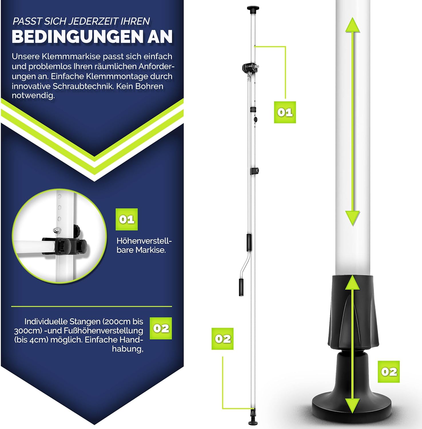 Thumbnail 1 de tillvex Klemmmarkise mit Handkurbel für Balkon, 400 cm – ohne Bohren, höhenverstellbar