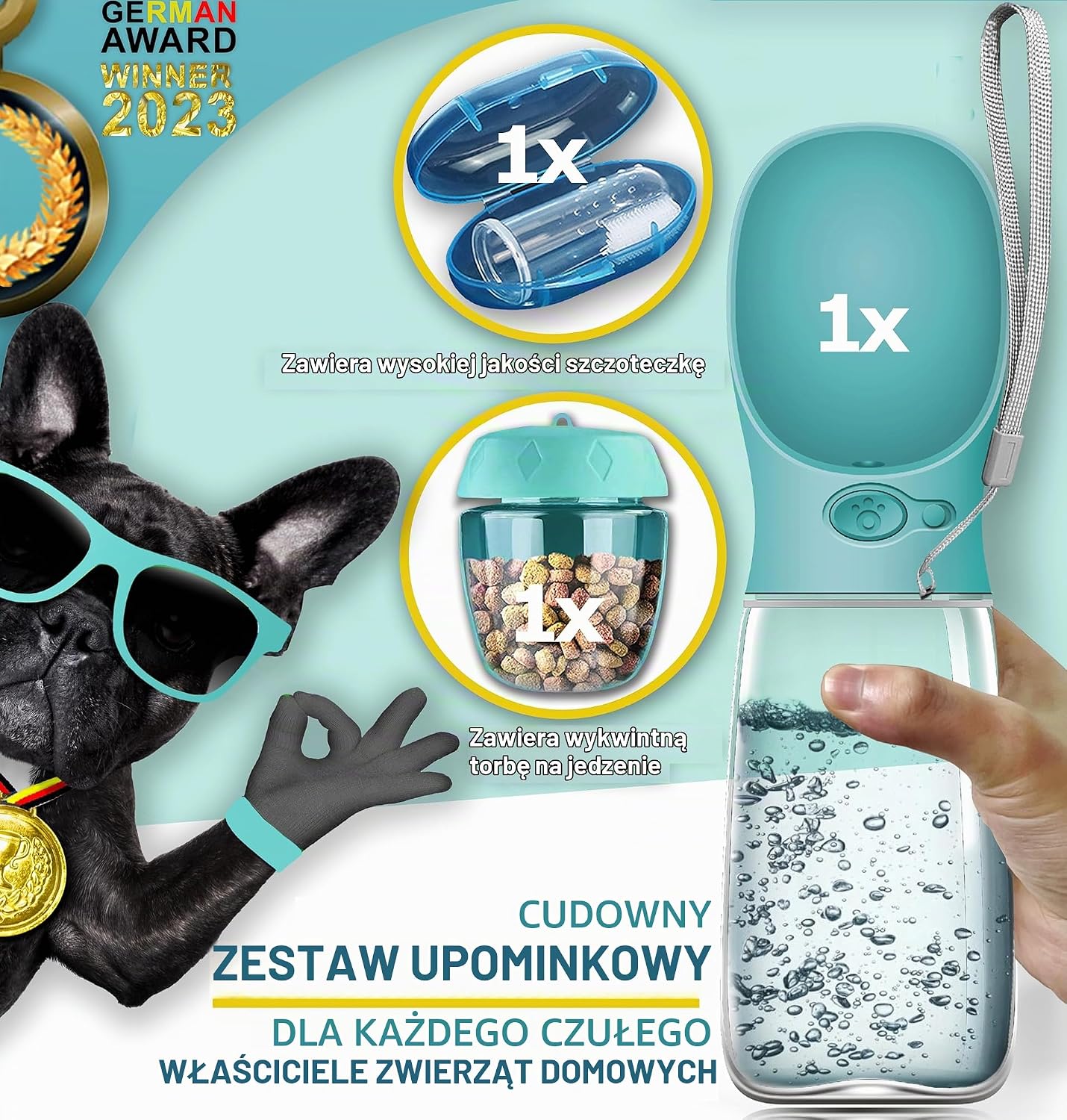 Detalle de Paws Elegance, turkusowa butelka dla psa 550 ml z miską, saszetką i szczoteczką