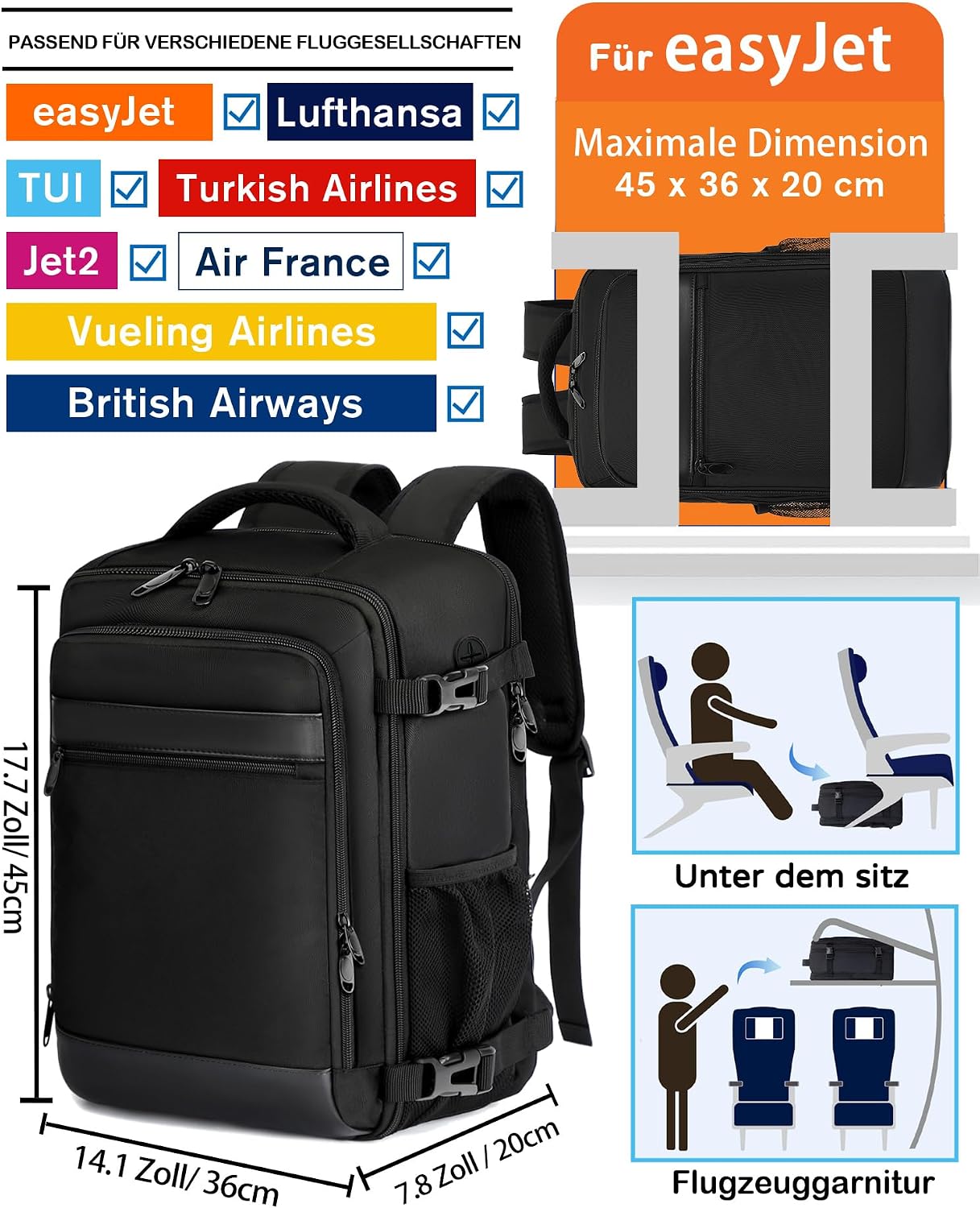 Thumbnail 1 de KLOSTAIN Handgepäck-Rucksack für Easyjet: 45×36×20 cm, 30 l, Laptopfach bis 15,6 Zoll (schwarz)