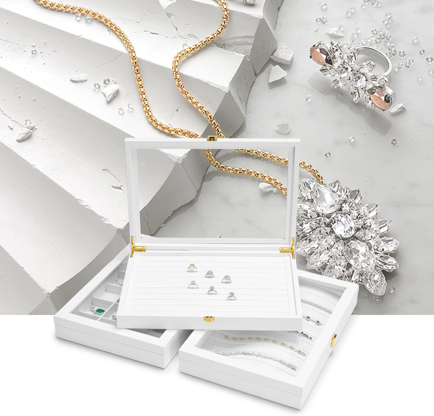 Thumbnail 7 de Papten Bandeja apilable para joyas con tapa de piel, blanca✨