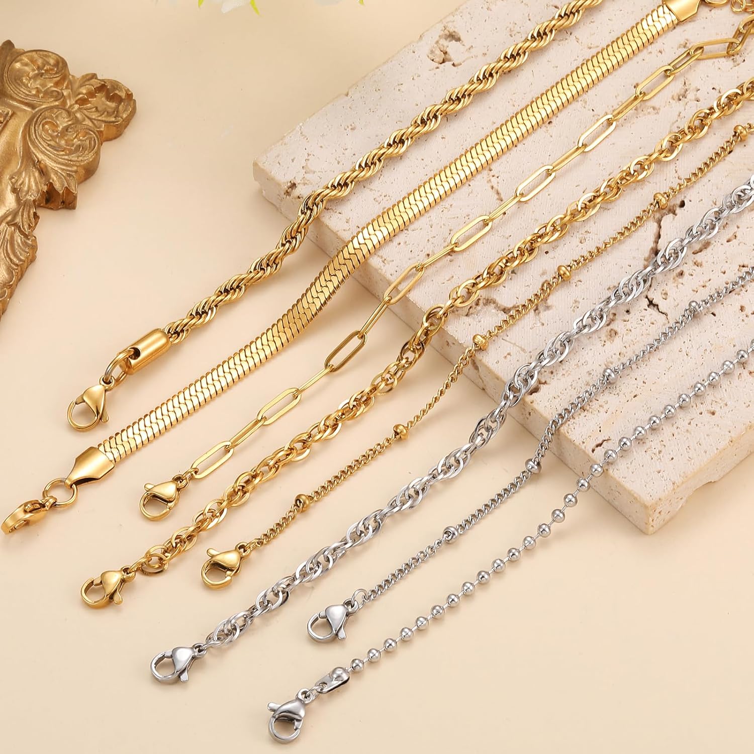 Detalle de RWQIAN Armband-Set Damen Silber/Gold – 5–6 Stücke, verstellbar, 316L Edelstahl, 14K Vergoldet