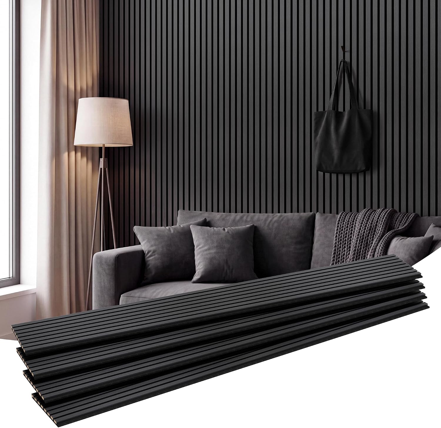 Detalle de Amsleekey 4-Pack Acoustic Wood Slat Wall Panels, 94.5 x 12.6 Inches, Black
