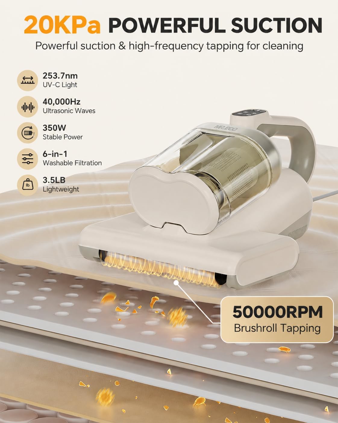Detalle de Mr.ego MY-3206C-R2 Mattress Vacuum Cleaner with UV-C, HEPA Filter & Dust Sensor