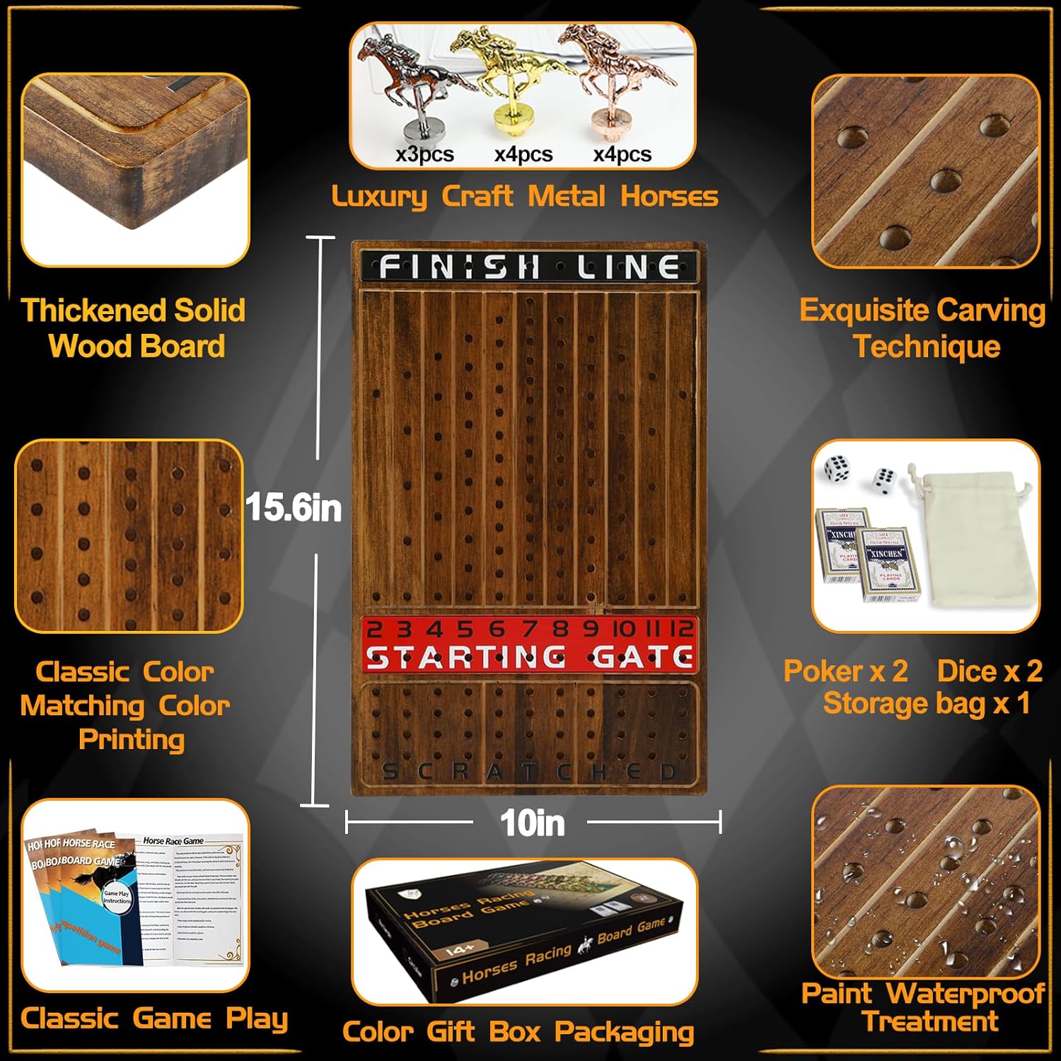 Thumbnail 2 de Jyquorp Horse Race Board Game (Rustic Brown) with 11 Metal Horses, 2 Dice, and Card Boxes
