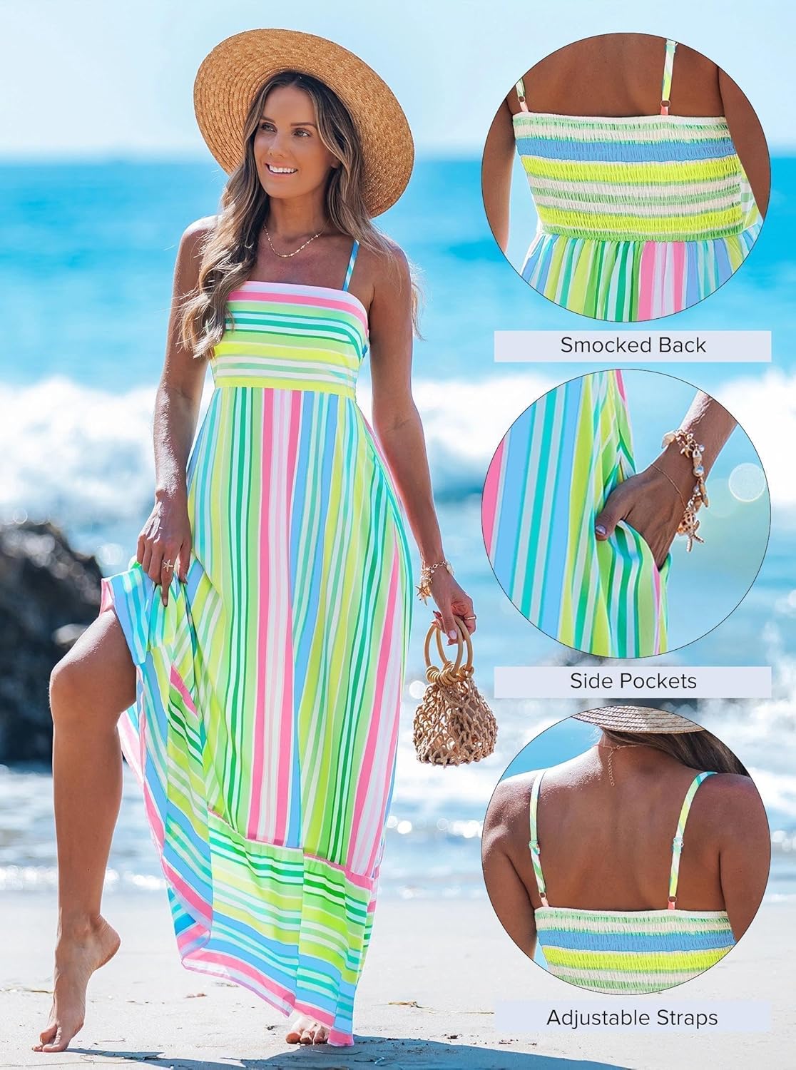 Detalle 2 de Popvil Women Summer Maxi Dress 2026 - Boho Spaghetti Strap A-Line Beach Dress