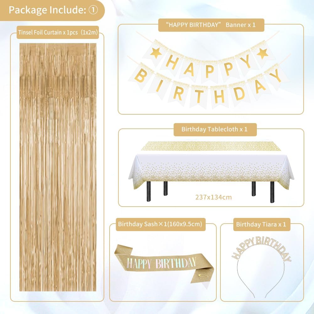 Detalle 2 de Geburtstagsdeko Gold, Beige Gold Weiß Party Deko Set mit „Happy Birthday“-Banner & Ballons