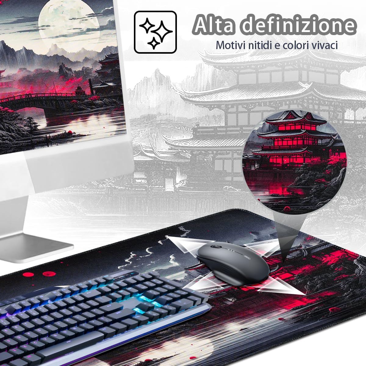 Detalle de Zindoo Tappetino Mouse XXL 900x400x3mm – Tappetino Gaming con stile Anime Nero Giapponese, base antiscivolo
