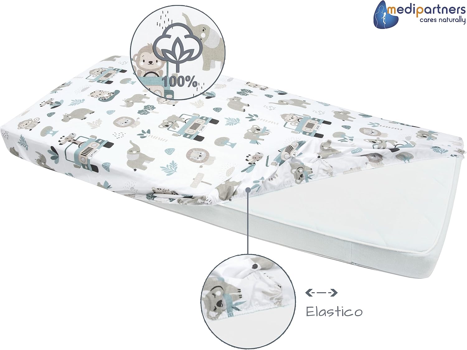 Thumbnail 4 de Medi Partners lenzuola lettino neonato 60x120 in 100% cotone con angoli e elastico cucito (Zoo di Menta)