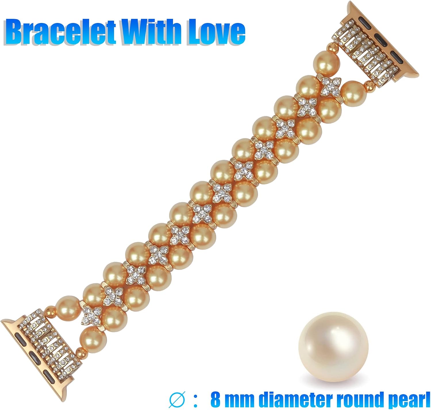 Detalle de GEMEK Pearl Bracelet for Apple Watch – Bling Diamond & Pearl Stretch Band (Shiny Gold)
